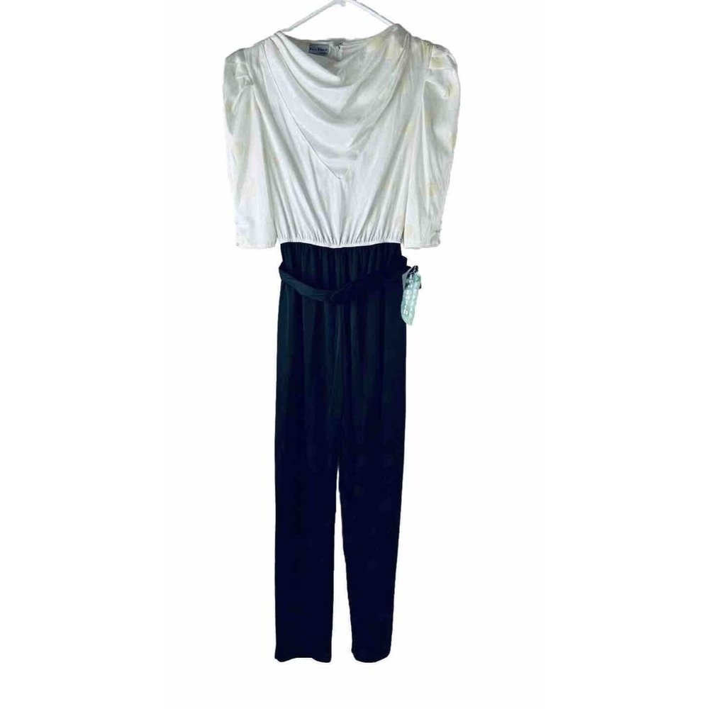 NOS VTG 80s Puff Sleeve Belted Color Block Jumpsuit Party Cocktail